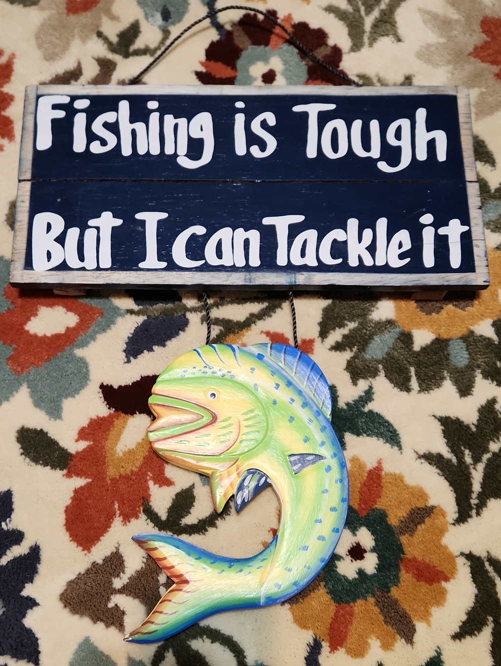 Nautical Wall Sign with Colorful Hanging Fish - Blue and Multicolor
